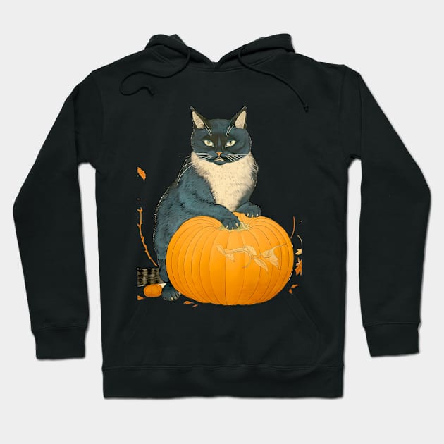 Japanese Cat on a Halloween Pumpkin During the Halloween Season on a dark (knocked out) background Hoodie by Puff Sumo